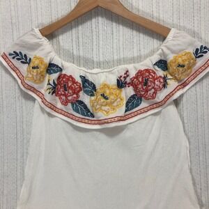 Embroidered‎ Off Shoulder Top Floral Peasant Blouse Ruffle White Boho